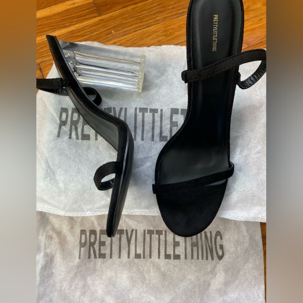 PLT Faux Suede Double Strap Clear Block High Heels, US 10, Black - Picture 2 of 5